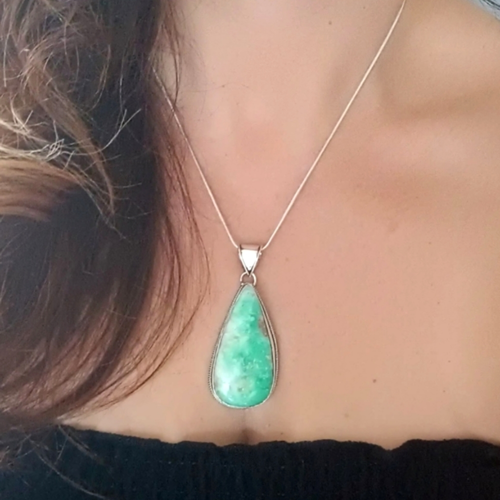 New Chrysoprase Teardrop pendant set in 925 stamped sterling silver setting.